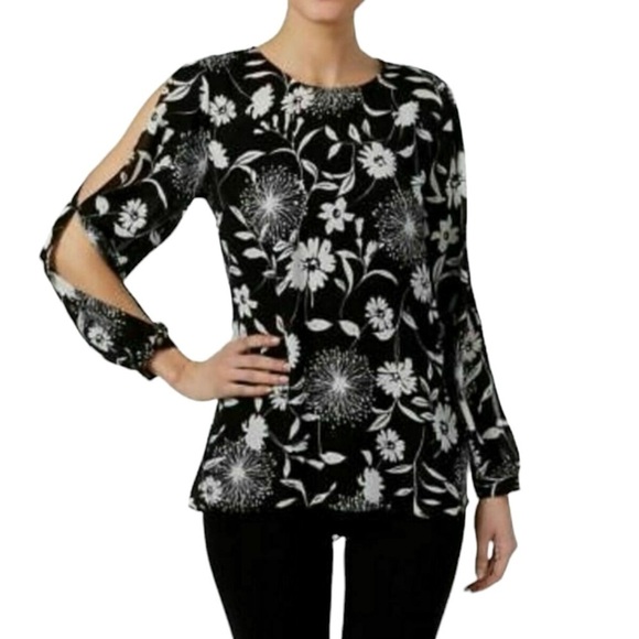 Vince Camuto Floral Cold Shoulder Hi-Lo Blouse. Black and White Size S? #1191 - Picture 2 of 8